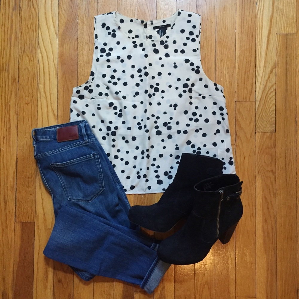 Polka Dot Cream + Black Sleeveless Top Forever 21